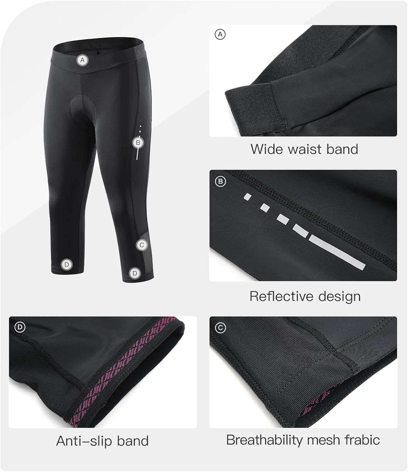 Santic Women's Cycling Pants High Waist 4D Padded Capris 7/8 Bike Bicycle Tights