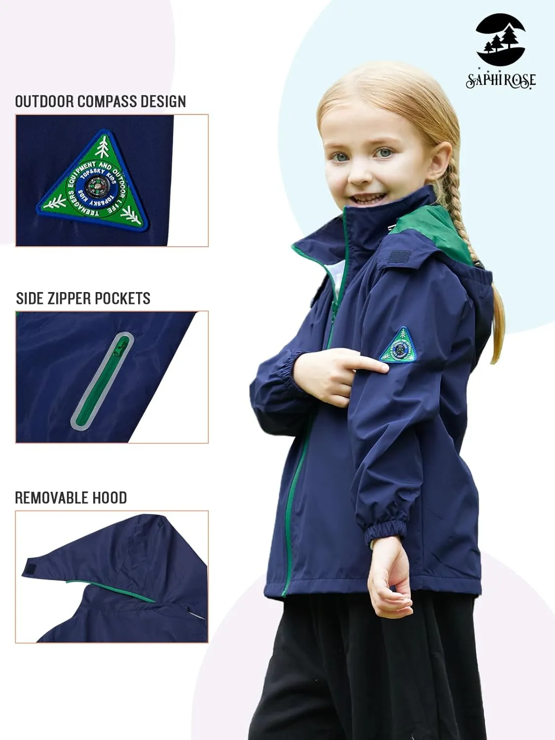 SaphiRose Kids Rain Jacket Waterproof Raincoat Mesh Lined Coat with Removable Hood for Boys Girls