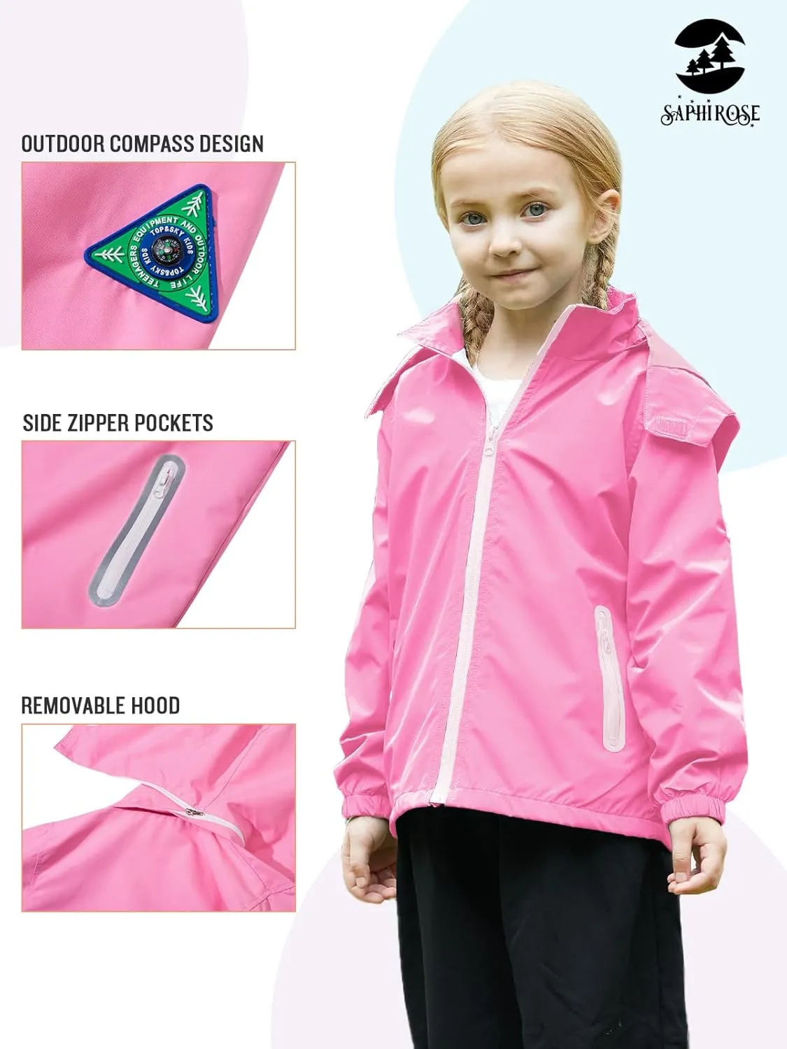 SaphiRose Kids Rain Jacket Waterproof Raincoat Mesh Lined Coat with Removable Hood for Boys Girls