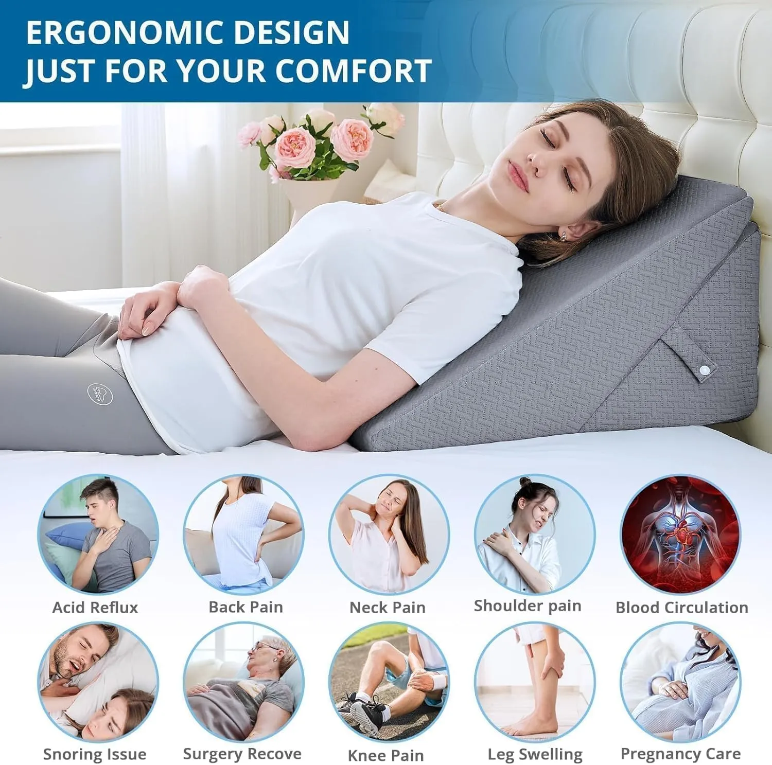 Sasttie Wedge Pillow Headboard, Adjustable Bed Wedge Pillow for After Surgery, Sleeping, Acid Reflux, Neck Pain, Back Pain, and Surgery Recovery, Dark Grey