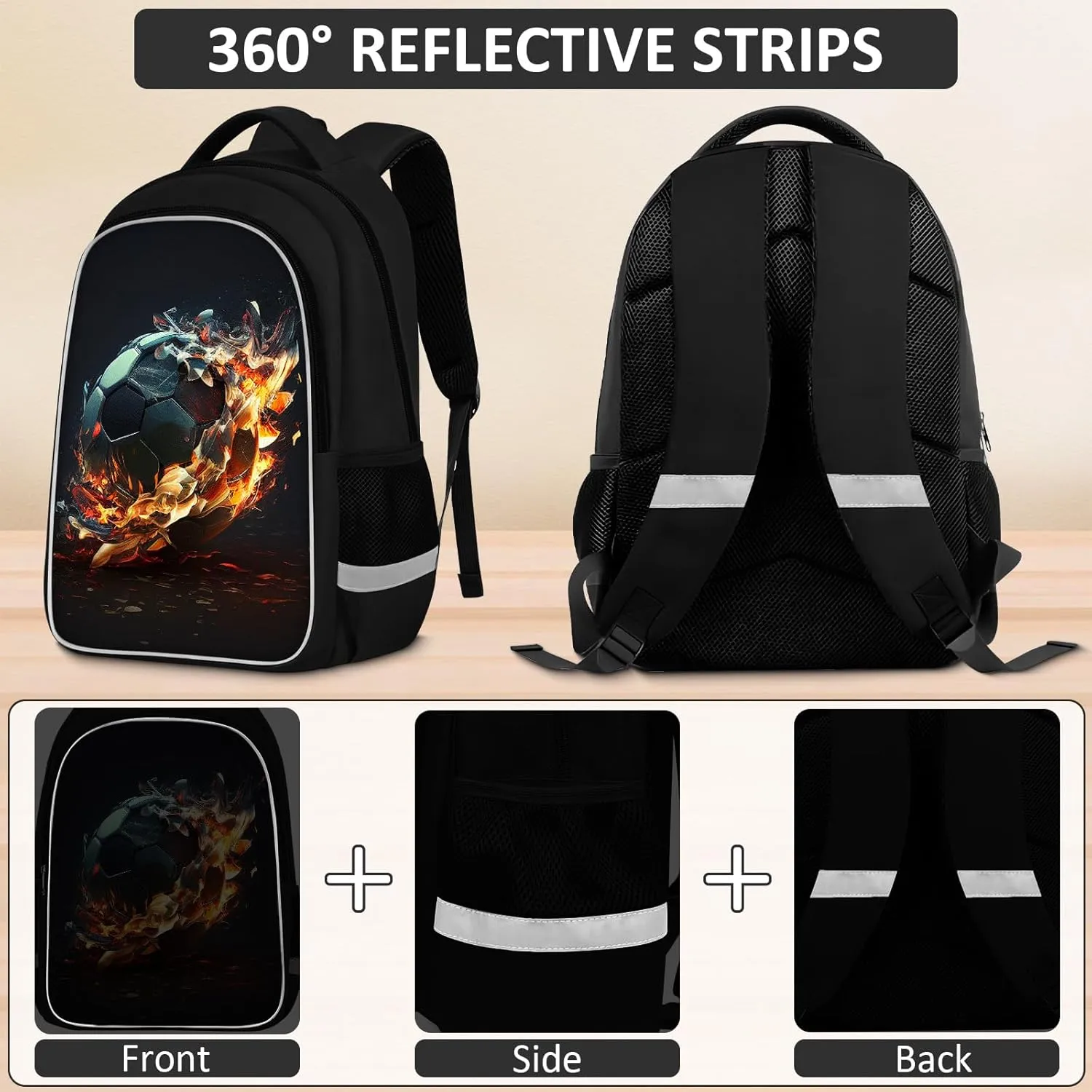 School Backpack for Boys - 4pcs Soccer Boys Backpack with Lunch Box and Pencil Case for Kids Children Teens Elementary Middle School - Students Bag for Ages 6-18,17″Bookbag Travel Back Pack