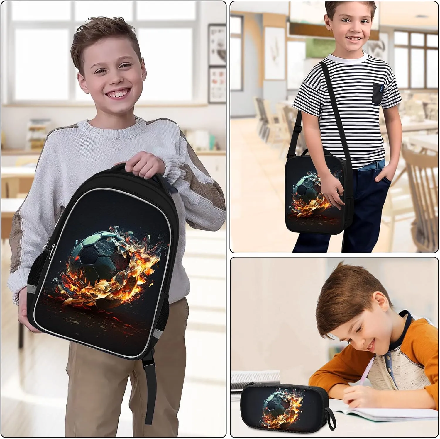 School Backpack for Boys - 4pcs Soccer Boys Backpack with Lunch Box and Pencil Case for Kids Children Teens Elementary Middle School - Students Bag for Ages 6-18,17″Bookbag Travel Back Pack