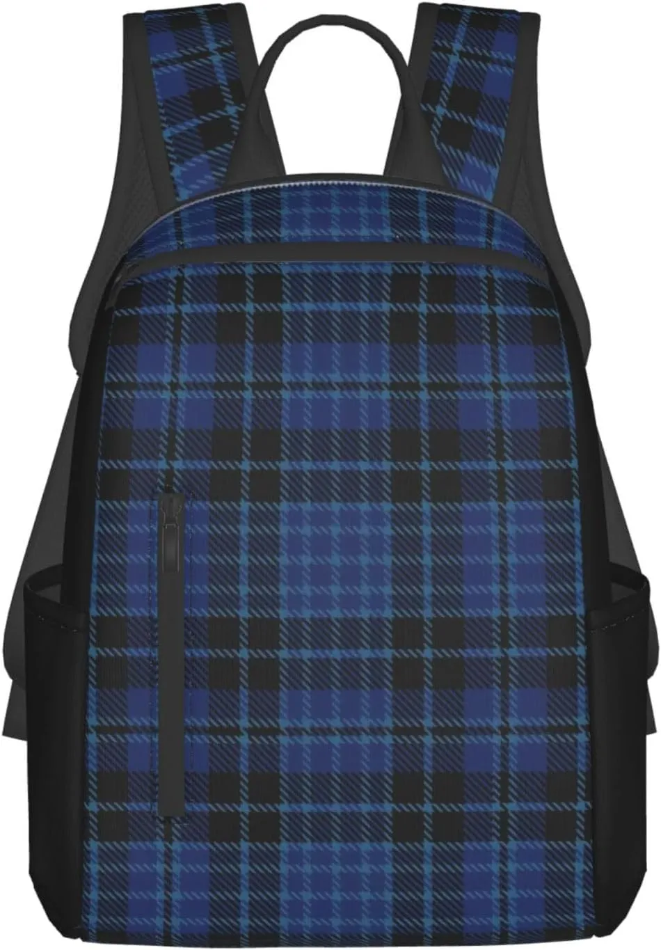 Scottish Clergy Blue Black White Tartan Trendy Lightweight Backpack - Breathable Polyester Office, Travel - Ergonomic Design With Side Pockets & Front Storage