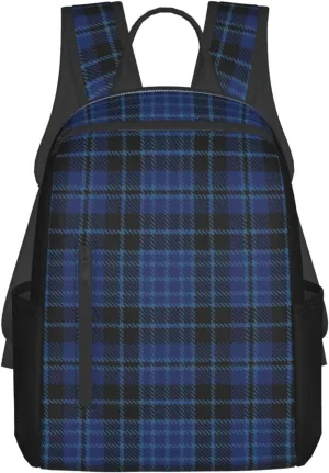 Scottish Clergy Blue Black White Tartan Trendy Lightweight Backpack - Breathable Polyester Office, Travel - Ergonomic Design With Side Pockets & Front Storage