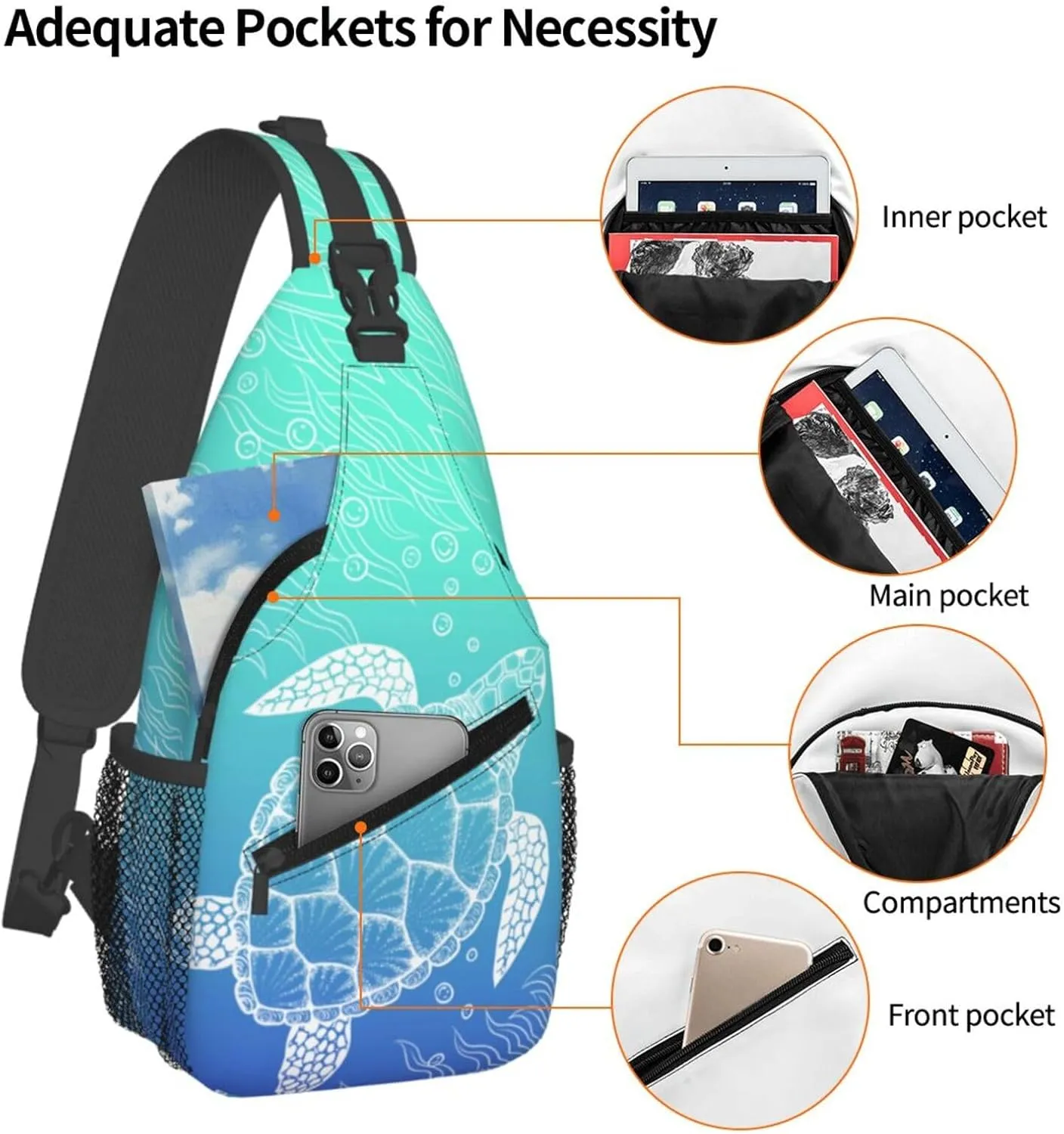 Sea Turtle Crossbody Sling Bags for Women Men Hand Drawn Coastal Animal Sea Fish Ocean Theme Travel Sling Backpack Casual Chest Shoulder Bag Underwater World Print Gym Sports Hiking Daypack