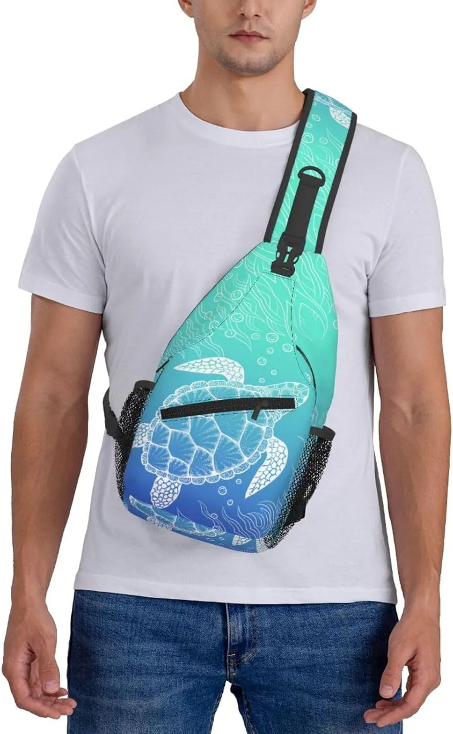Sea Turtle Crossbody Sling Bags for Women Men Hand Drawn Coastal Animal Sea Fish Ocean Theme Travel Sling Backpack Casual Chest Shoulder Bag Underwater World Print Gym Sports Hiking Daypack