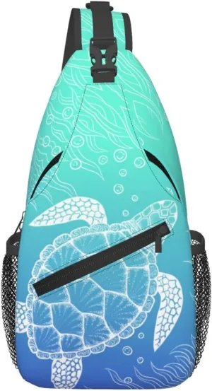 Sea Turtle Crossbody Sling Bags for Women Men Hand Drawn Coastal Animal Sea Fish Ocean Theme Travel Sling Backpack Casual Chest Shoulder Bag Underwater World Print Gym Sports Hiking Daypack