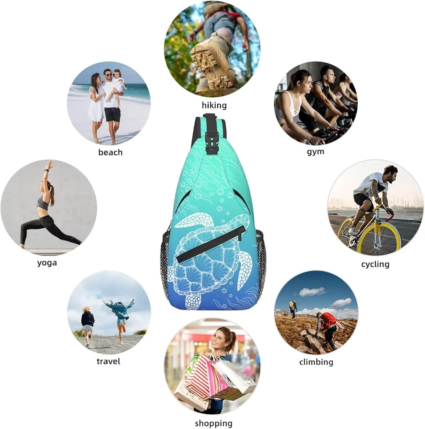 Sea Turtle Crossbody Sling Bags for Women Men Hand Drawn Coastal Animal Sea Fish Ocean Theme Travel Sling Backpack Casual Chest Shoulder Bag Underwater World Print Gym Sports Hiking Daypack