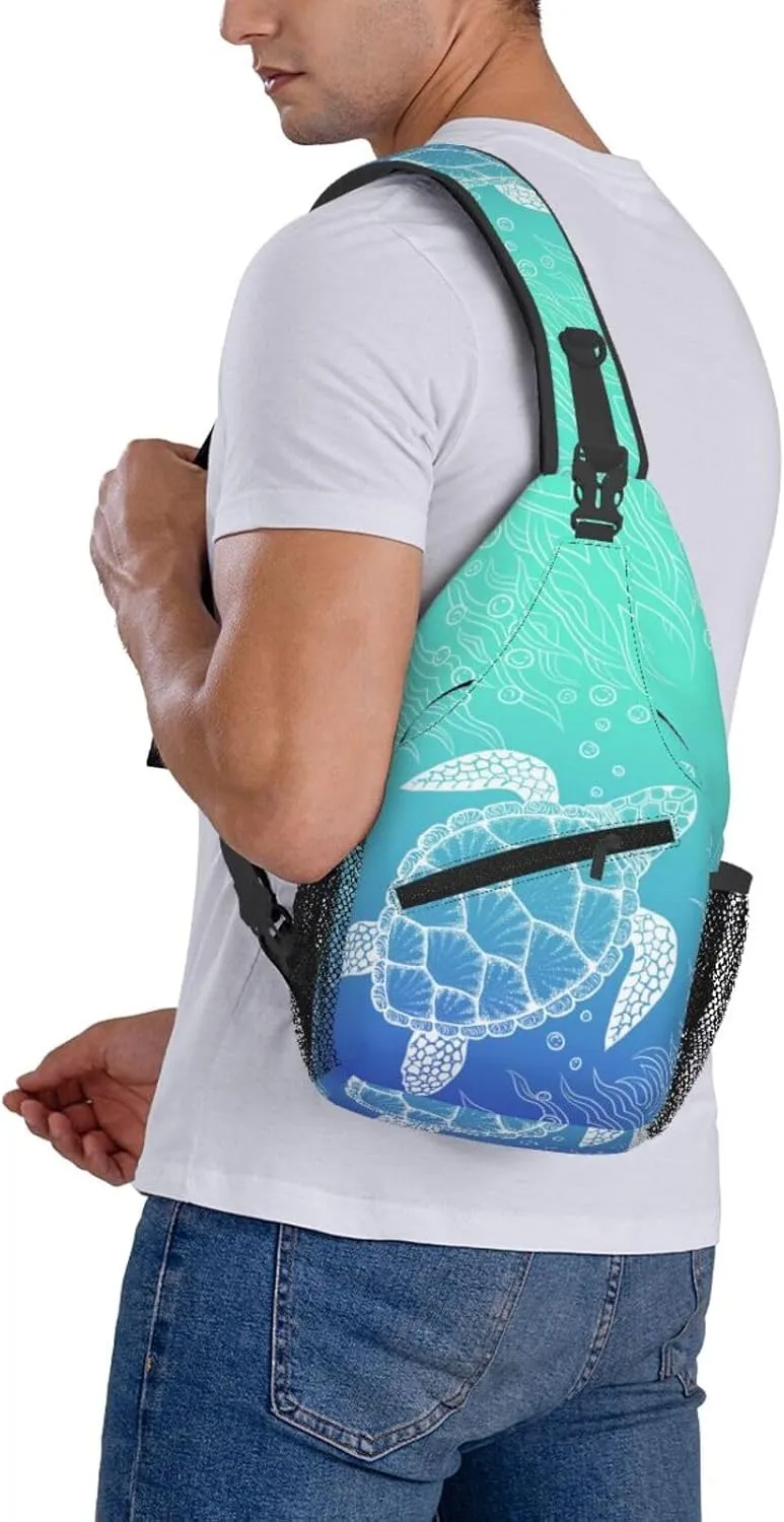 Sea Turtle Crossbody Sling Bags for Women Men Hand Drawn Coastal Animal Sea Fish Ocean Theme Travel Sling Backpack Casual Chest Shoulder Bag Underwater World Print Gym Sports Hiking Daypack