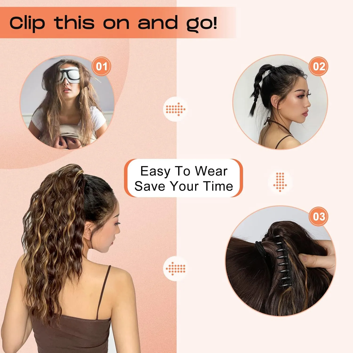 SEIKEA 14" Highlight Ponytail Extension Claw, PT002 Tia Long Wavy Jaw Clip in Fake Pony Tails Multi Layered Fluffy Thick Hair Extensions Ponytail Dark Blonde with White Blonde Highlights