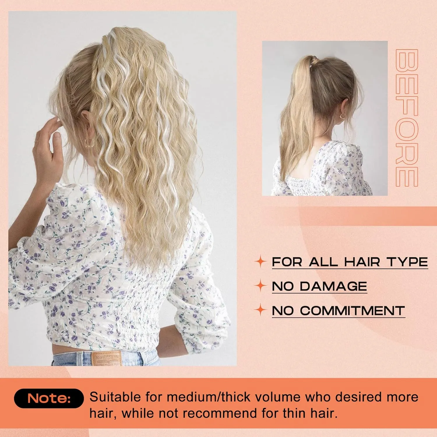 SEIKEA 14" Highlight Ponytail Extension Claw, PT002 Tia Long Wavy Jaw Clip in Fake Pony Tails Multi Layered Fluffy Thick Hair Extensions Ponytail Dark Blonde with White Blonde Highlights