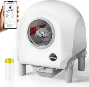 Self Cleaning Cat Litter Box, 68L/9L Large Capacity for Multiple Cats, Smart App Control No Scooping,Automatic Cat Litter Box Includes Garbage Bag (White)