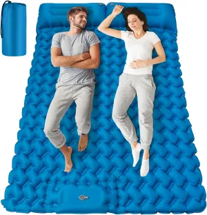Self Inflating Sleeping Pad Mattress for Tent Camping: Inflatable Camping Bed with Built-in Foot Pump for Backpacking - 4" Extra Thick Mat Air Cot for Floor - 2 Person Blue