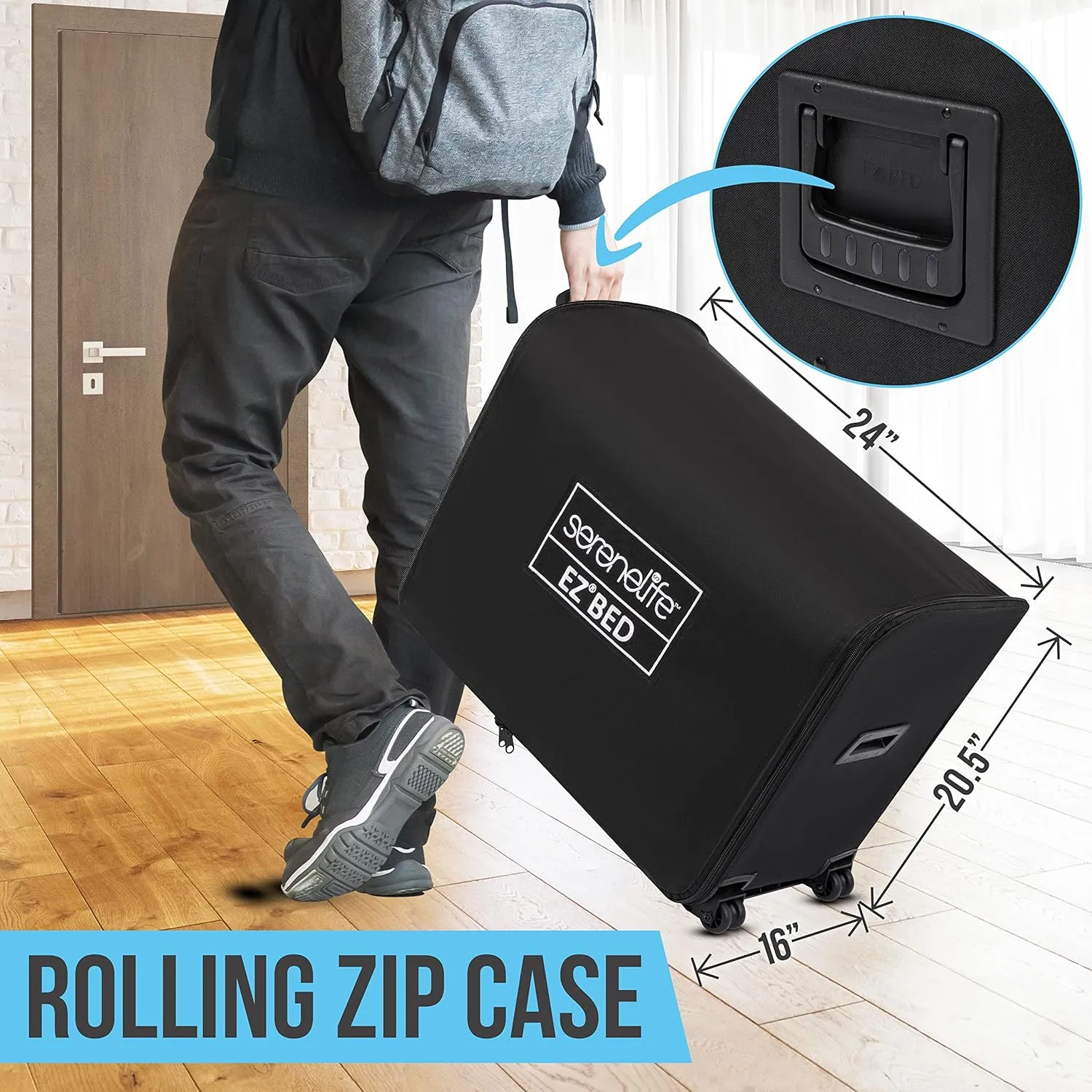 SereneLife EZ Bed Air Mattress with Frame and Rolling Case, Self-Inflating Airbed with Built in Pump for Travel and Hosting, Twin