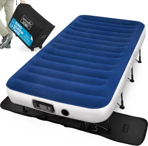 SereneLife EZ Bed Air Mattress with Frame and Rolling Case, Self-Inflating Airbed with Built in Pump for Travel and Hosting, Twin