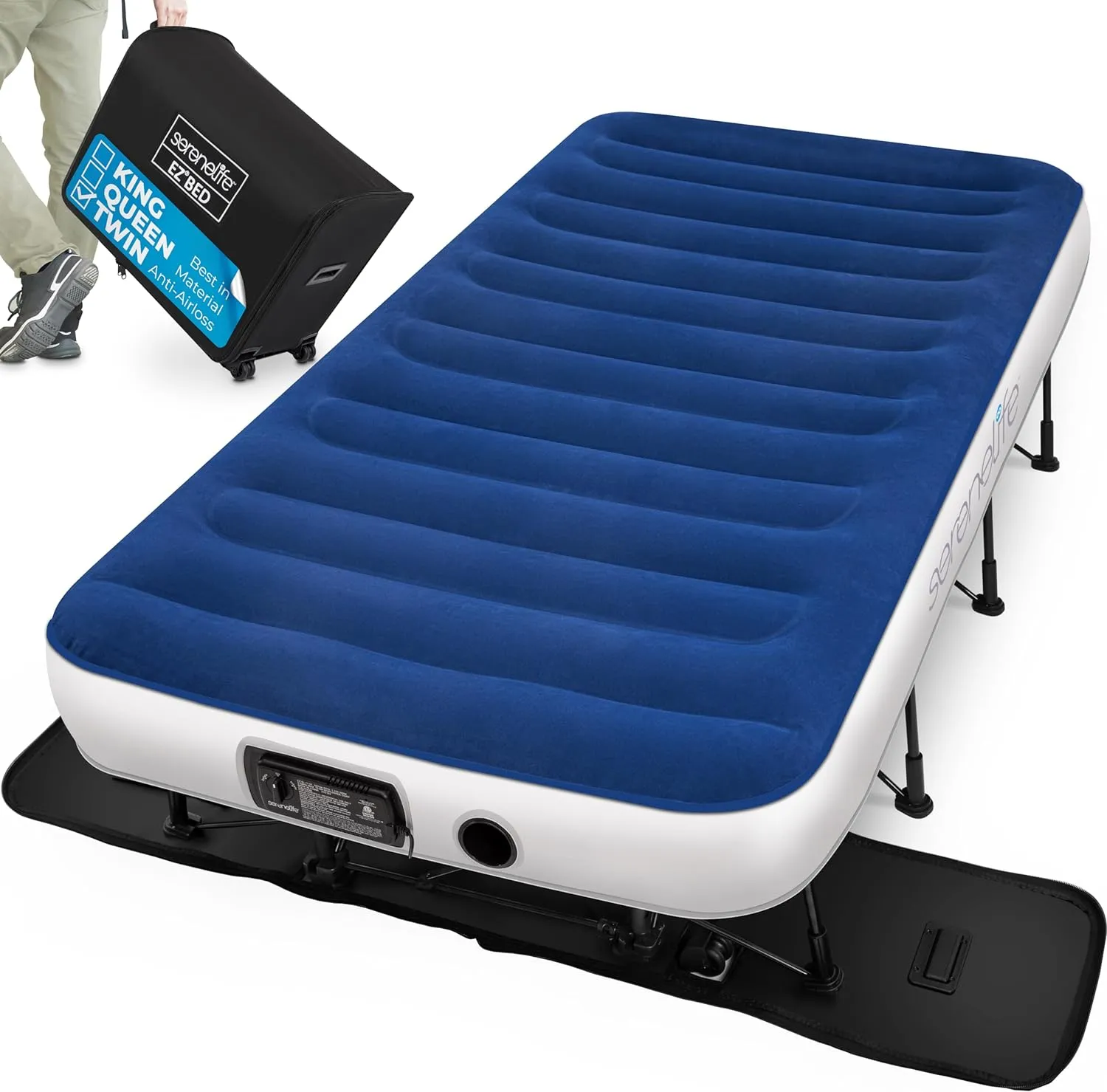 SereneLife EZ Bed Air Mattress with Frame and Rolling Case, Self-Inflating Airbed with Built in Pump for Travel and Hosting, Twin