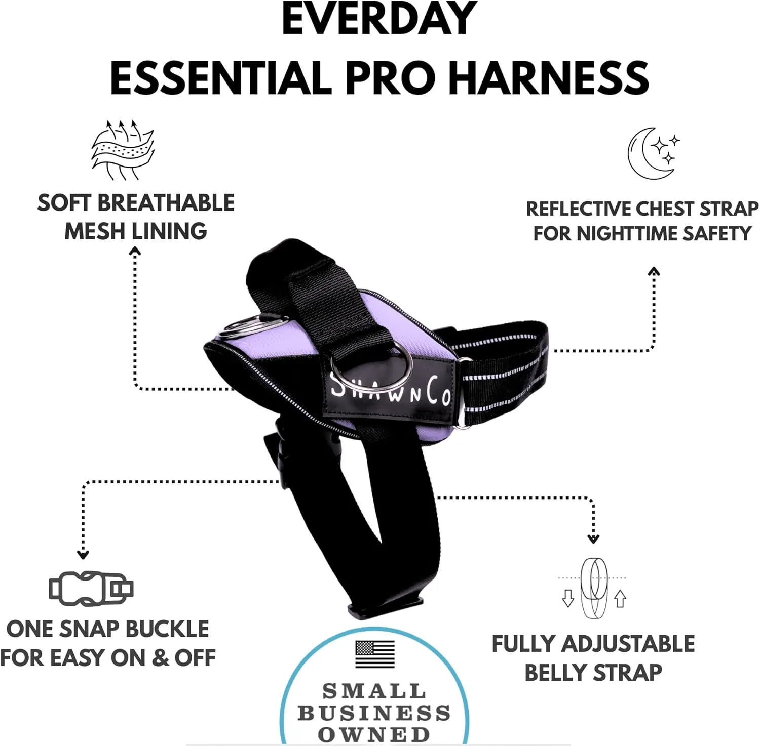 ShawnCo Essential Pro Dog Harness, No-Pull Pet Vest with 3 Leash Clips and Removable, Reflective Side Patches, Adjustable and Padded Harness for Small, Medium and Large Dogs (ICY Lilac, L)