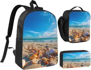 Shells beach print Backpack 3pcs Set Including 17 Inch Large BookBag With Lunch Bag And Practical Pen Bag