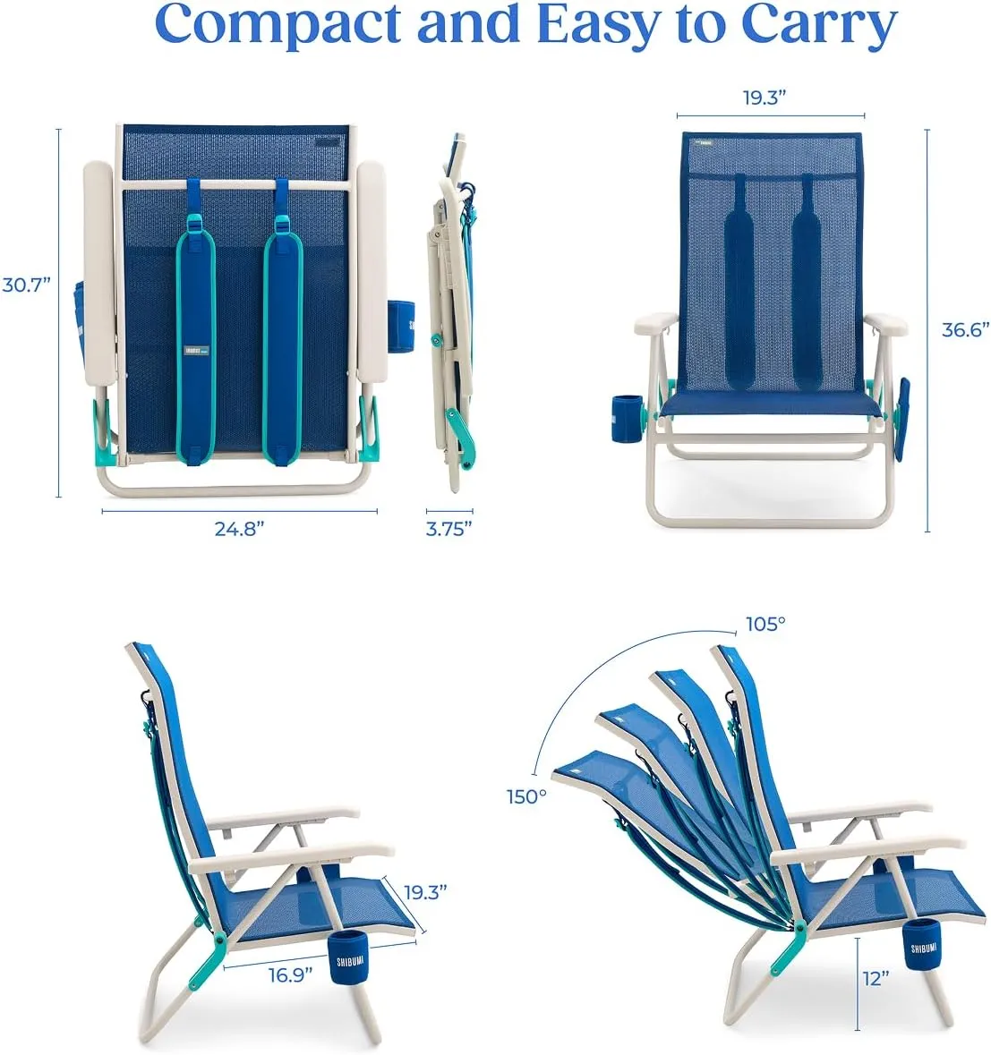 Shibumi Beach Chair. Anti-Rust Marine Grade Frame. 300lb Capacity. Weighs 8 Pounds. Adjustable Padded Backpack Straps. Breathable DreamWave Fabric.