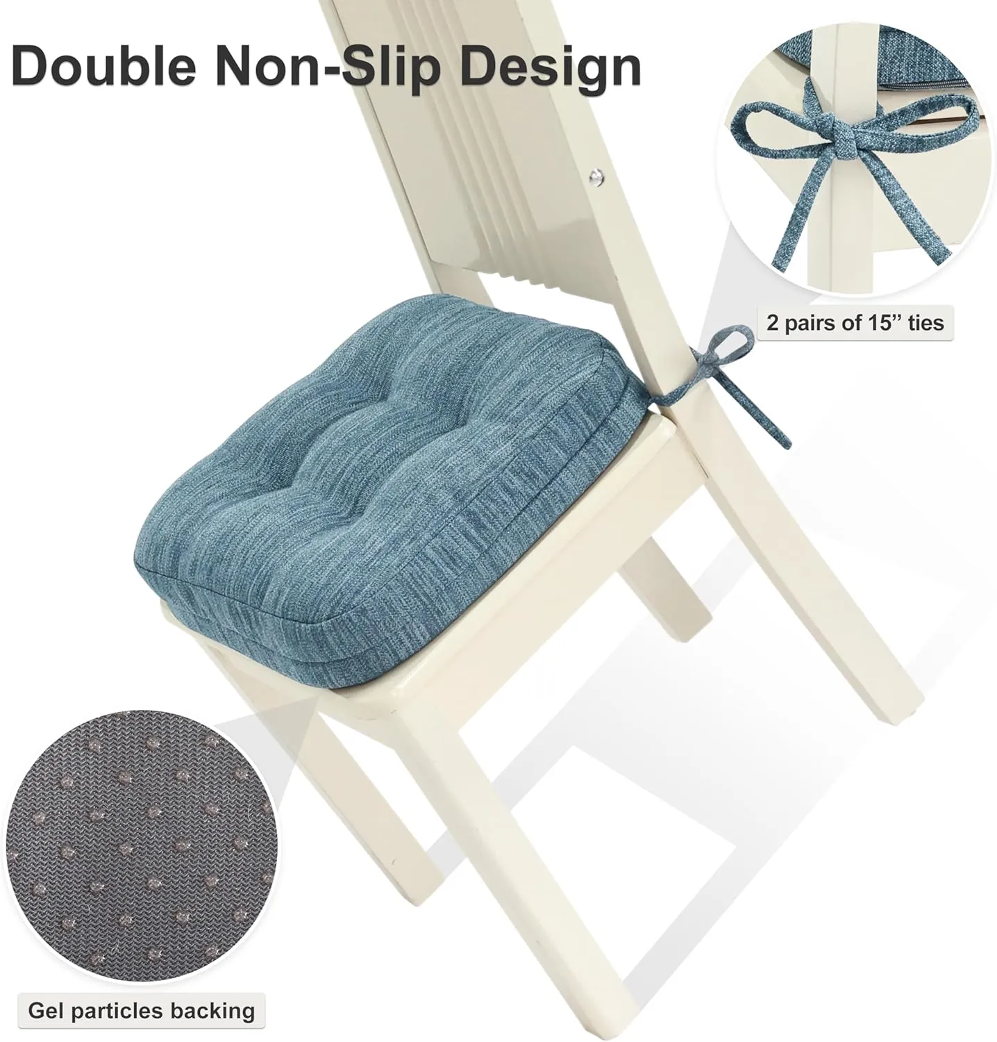 Shinnwa Kitchen Chair Cushions Set of 4, Dual-Layer Memory Foam Dining Chair Cushions, Patented Design Seat Pads with Ties, 16.5 x 16.5 x 3.5in, 4 Pack, Denim Blue