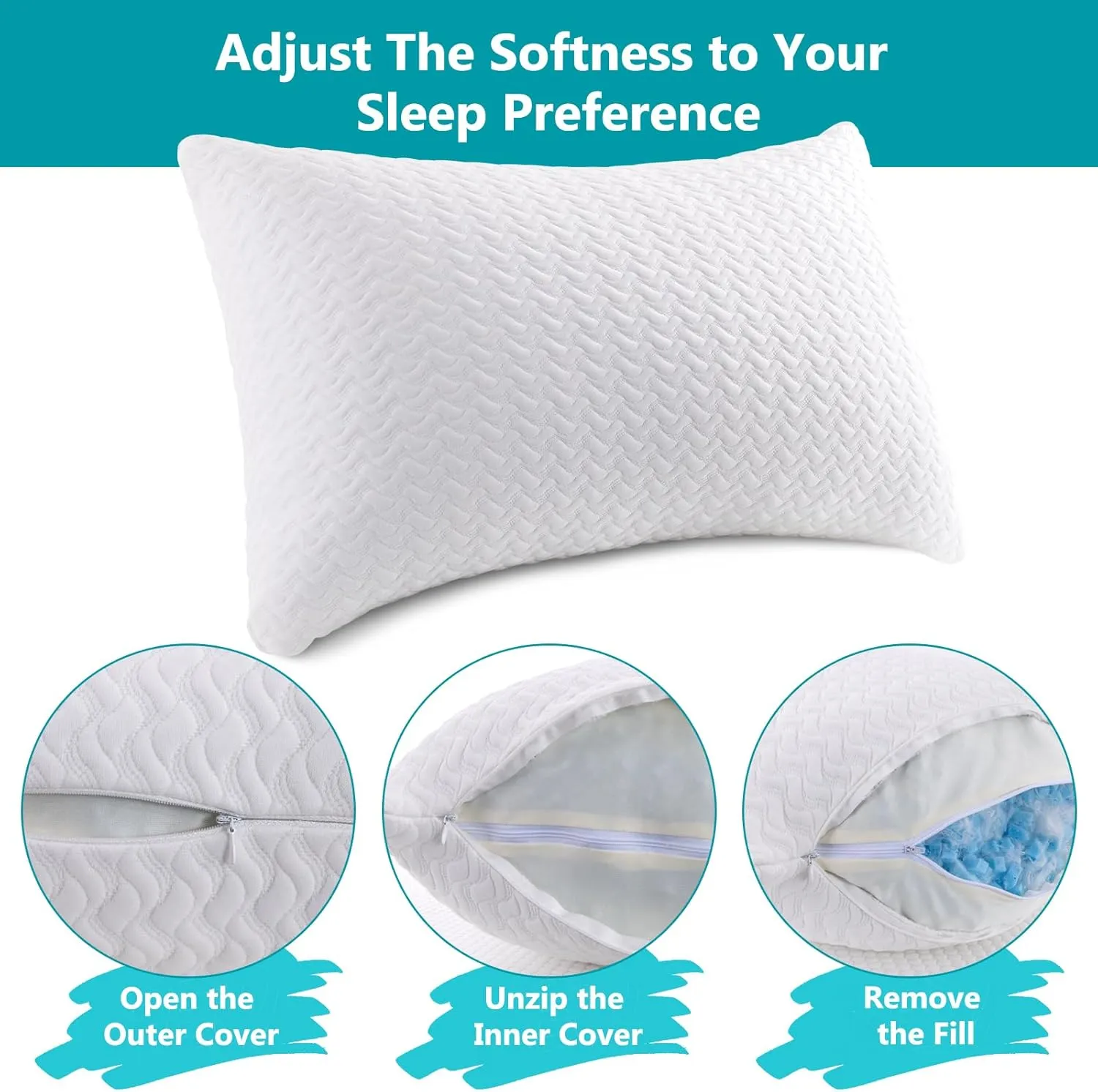 Shredded Memory Foam Pillows Cooling Bed Pillows 2 Pack, Pillows Queen Size Set of 2 for Sleeping, Support Soft for Side Back Stomach Sleepers, with Washable Cover, 20X30