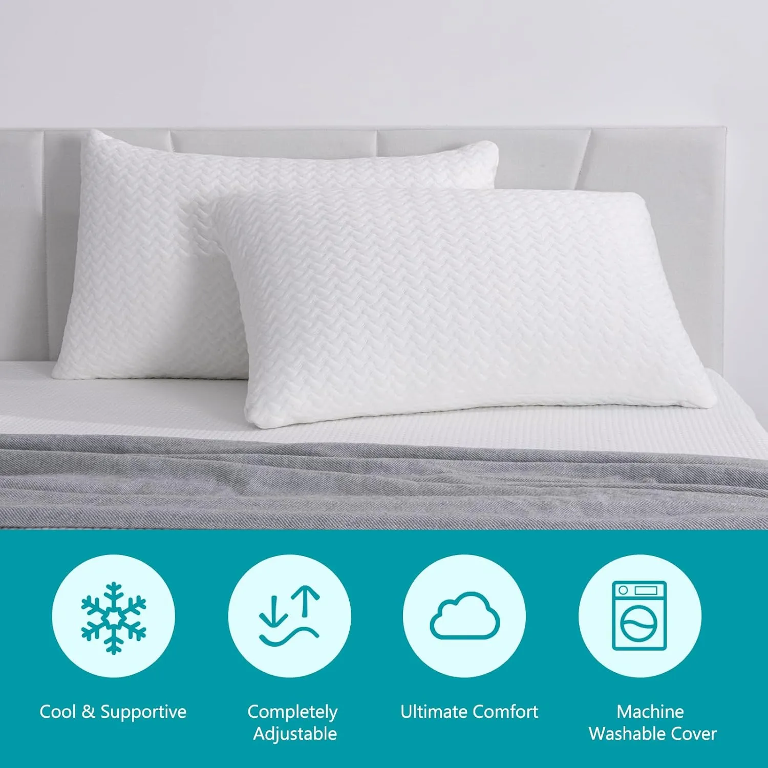 Shredded Memory Foam Pillows Cooling Bed Pillows 2 Pack, Pillows Queen Size Set of 2 for Sleeping, Support Soft for Side Back Stomach Sleepers, with Washable Cover, 20X30
