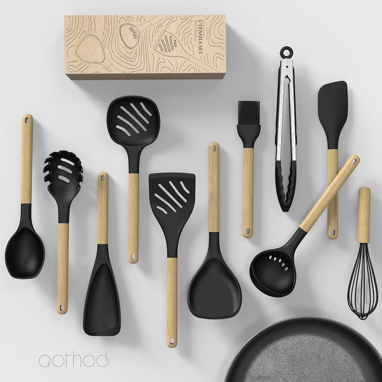 Silicone Cooking Utensils Set, 446°F Heat Resistant Silicone Kitchen Utensils for Nonstick Cookware, Kitchen Gadgets Spatula Set, Spoon, Turner, Tongs, Ladle, Whisk, BPA FREE (Black)