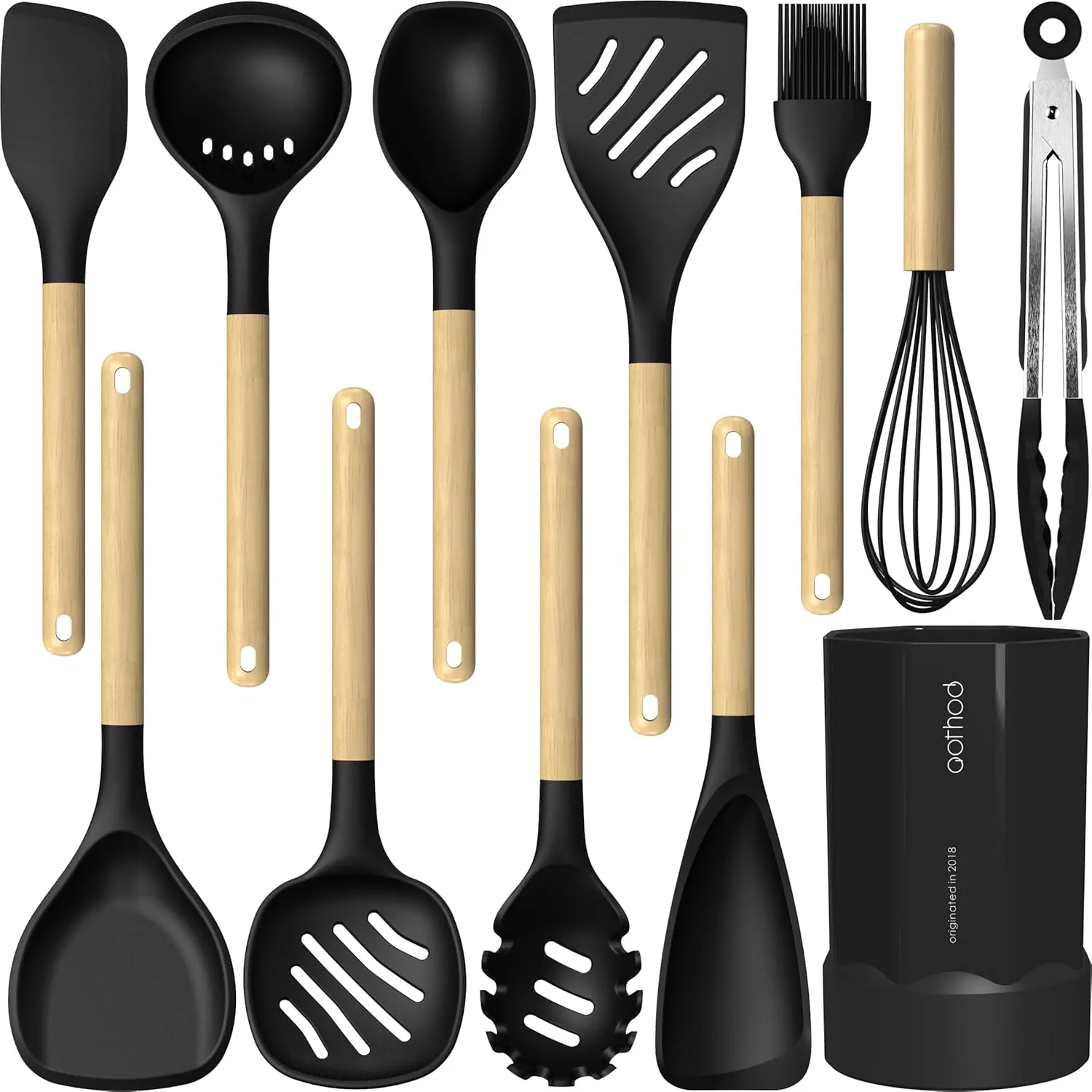 Silicone Cooking Utensils Set, 446°F Heat Resistant Silicone Kitchen Utensils for Nonstick Cookware, Kitchen Gadgets Spatula Set, Spoon, Turner, Tongs, Ladle, Whisk, BPA FREE (Black)