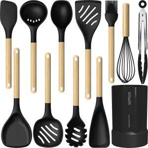 Silicone Cooking Utensils Set, 446°F Heat Resistant Silicone Kitchen Utensils for Nonstick Cookware, Kitchen Gadgets Spatula Set, Spoon, Turner, Tongs, Ladle, Whisk, BPA FREE (Black)
