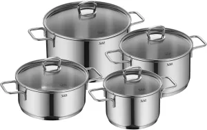 Silit Alicante 4-Piece Saucepan Set with Glass Lid, Induction Pots, Polished Stainless Steel, Uncoated, Oven-Safe