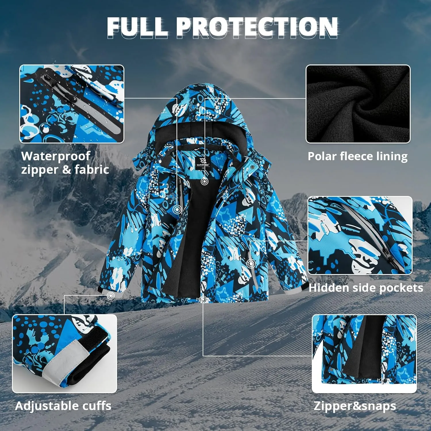 Simplee kids Boy Winter Coat Waterproof Ski Jacket Fleece Hooded Snow Warm Padded Raincoats