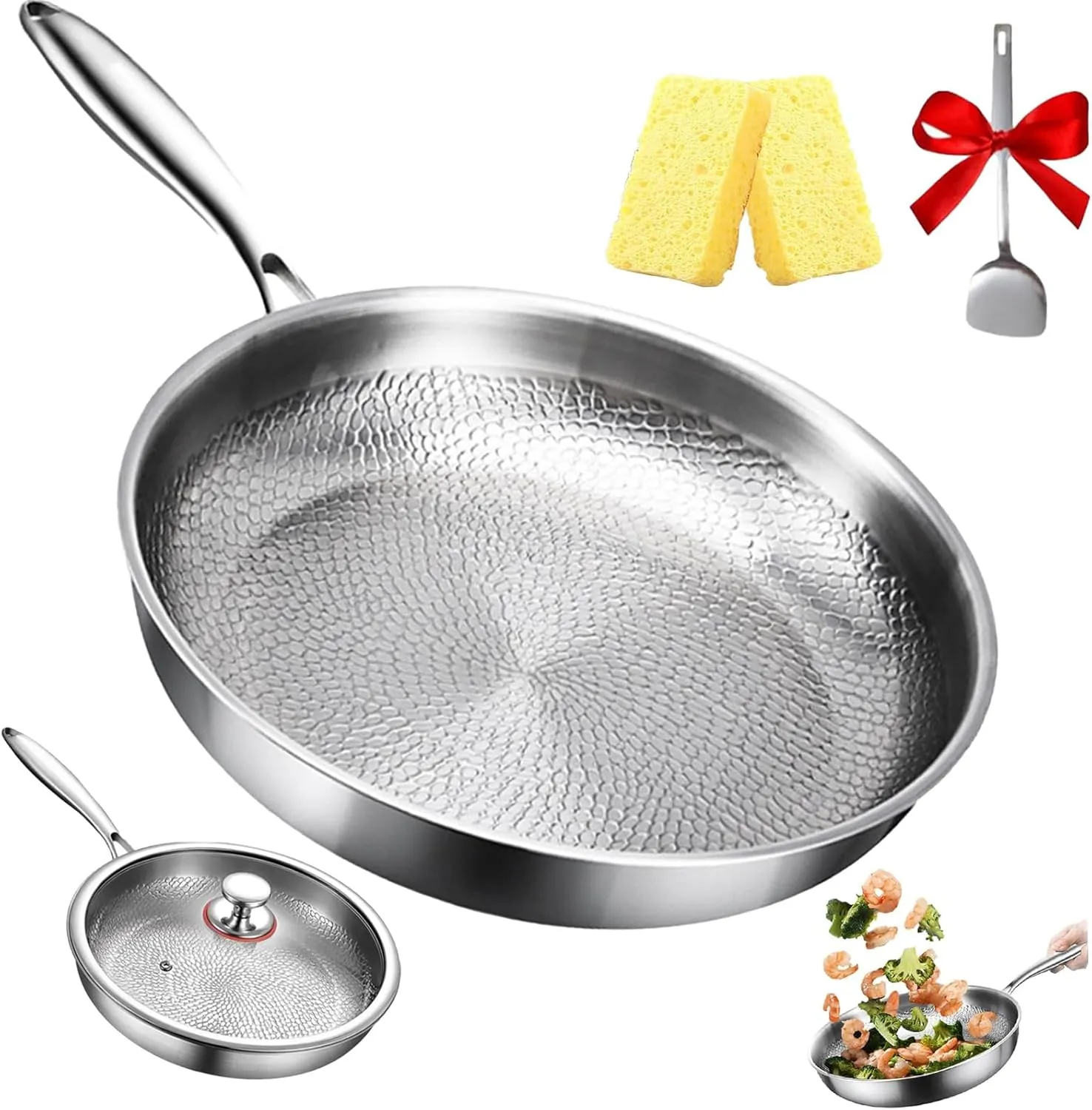 Siraat Pure Titanium Pan Hammered Pattern, Titanium Hammered Pan Pro, 2025 New Ultra-Durable Siraatskitchen Titaniums Pans, Multifunctional Pots and Pans Set Non Stick (11.81in* Without cover)