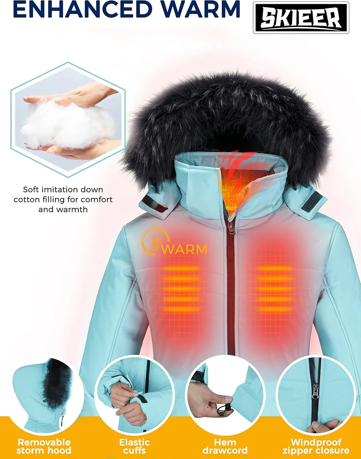 Skieer Women's Waterproof Ski Jacket Warm Puffer Jacket Thick Hooded Winter Coat