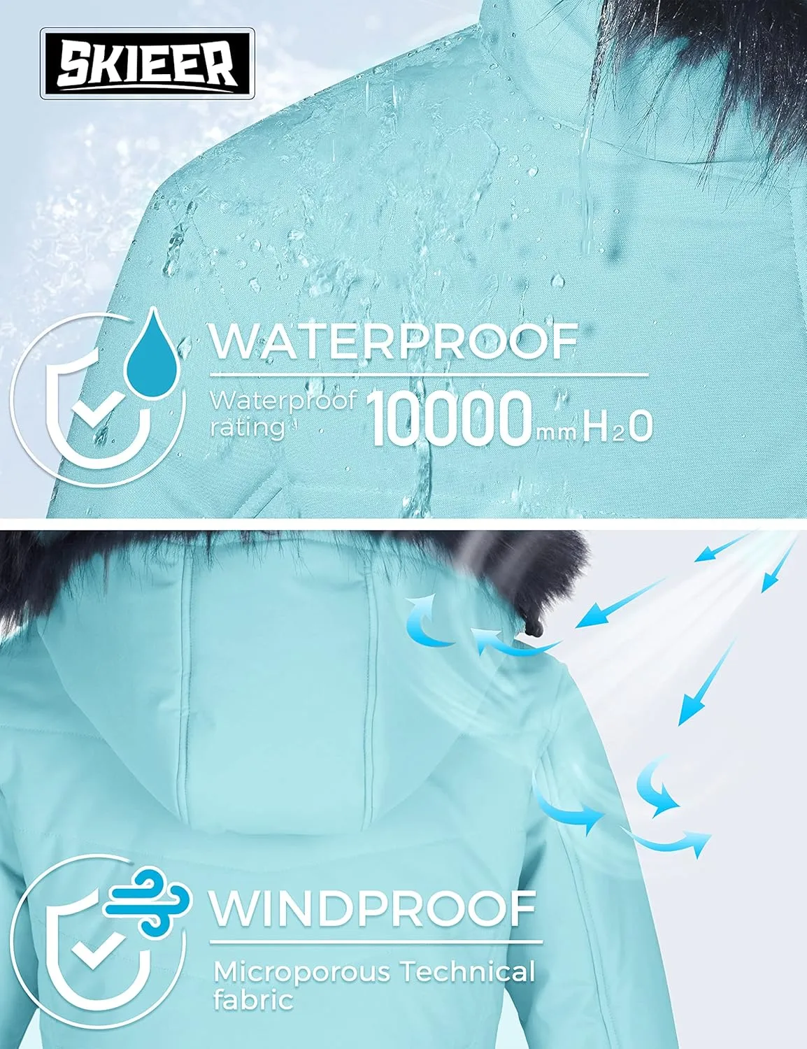 Skieer Women's Waterproof Ski Jacket Warm Puffer Jacket Thick Hooded Winter Coat