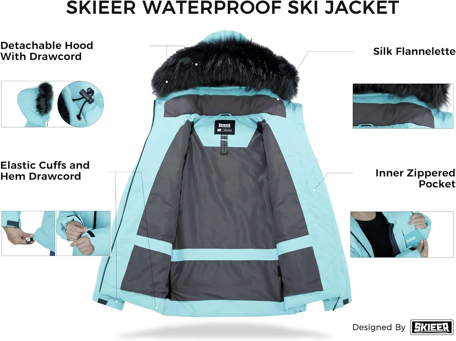 Skieer Women's Waterproof Ski Jacket Warm Puffer Jacket Thick Hooded Winter Coat