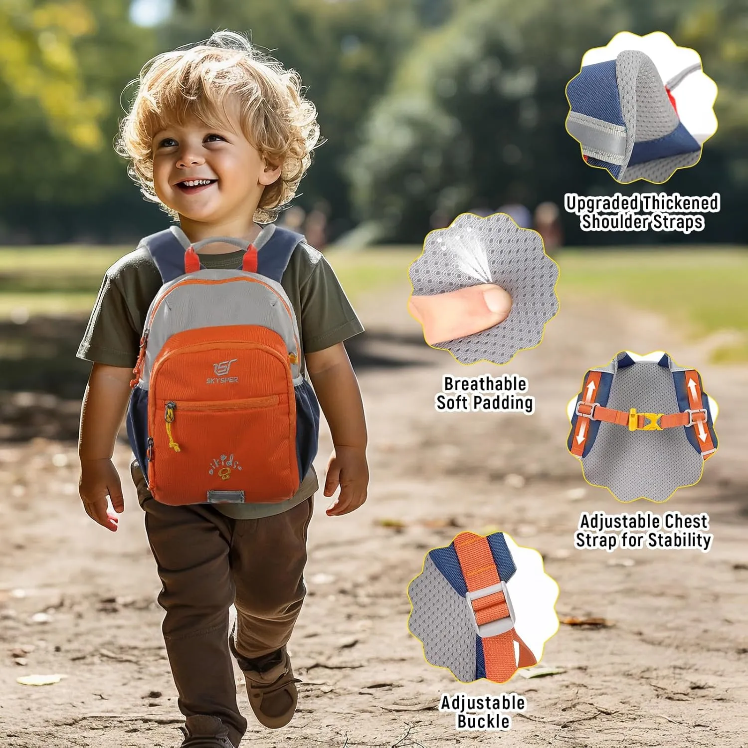 SKYSPER Toddler Backpack for Girls Boys Age 2-8, Cute Small Kids Backpack for Preschool Kindergarten and Travel, Orang