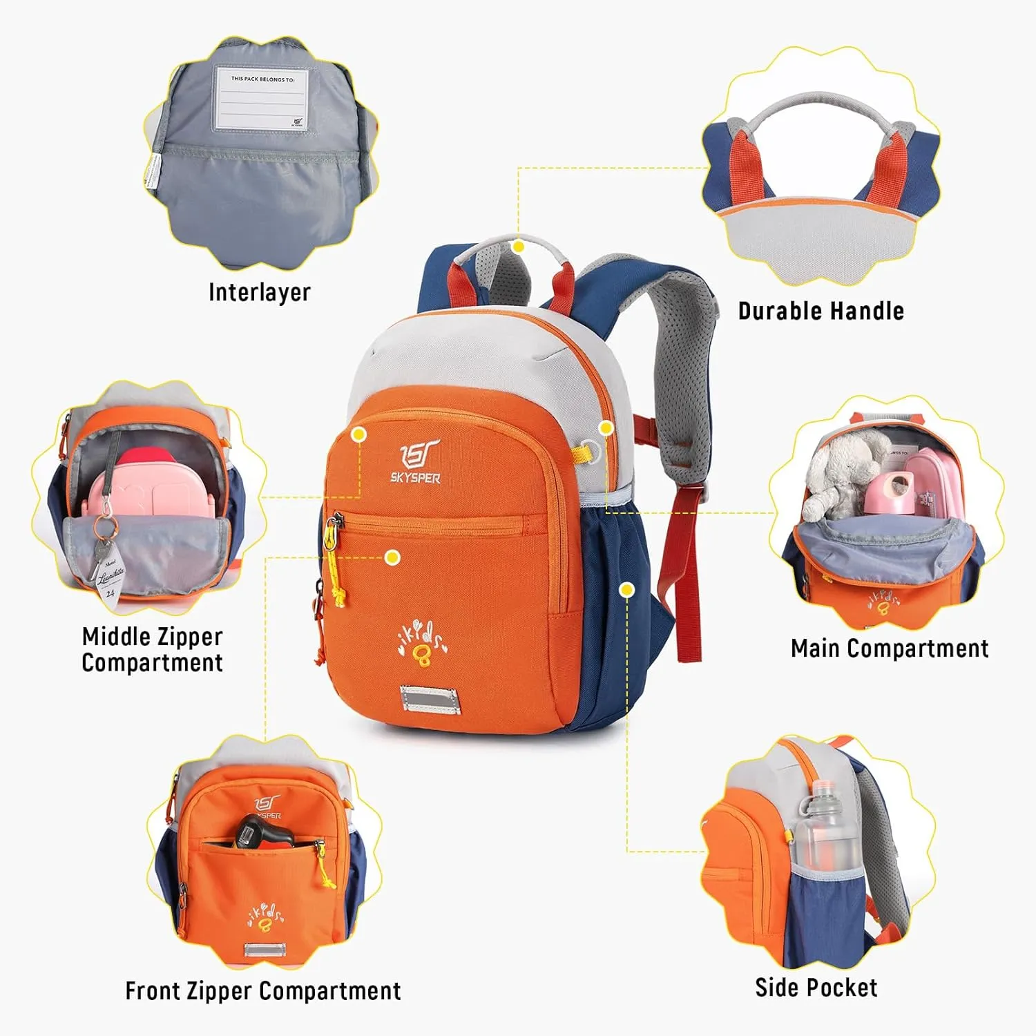SKYSPER Toddler Backpack for Girls Boys Age 2-8, Cute Small Kids Backpack for Preschool Kindergarten and Travel, Orang