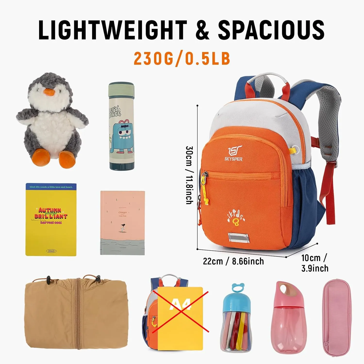 SKYSPER Toddler Backpack for Girls Boys Age 2-8, Cute Small Kids Backpack for Preschool Kindergarten and Travel, Orang