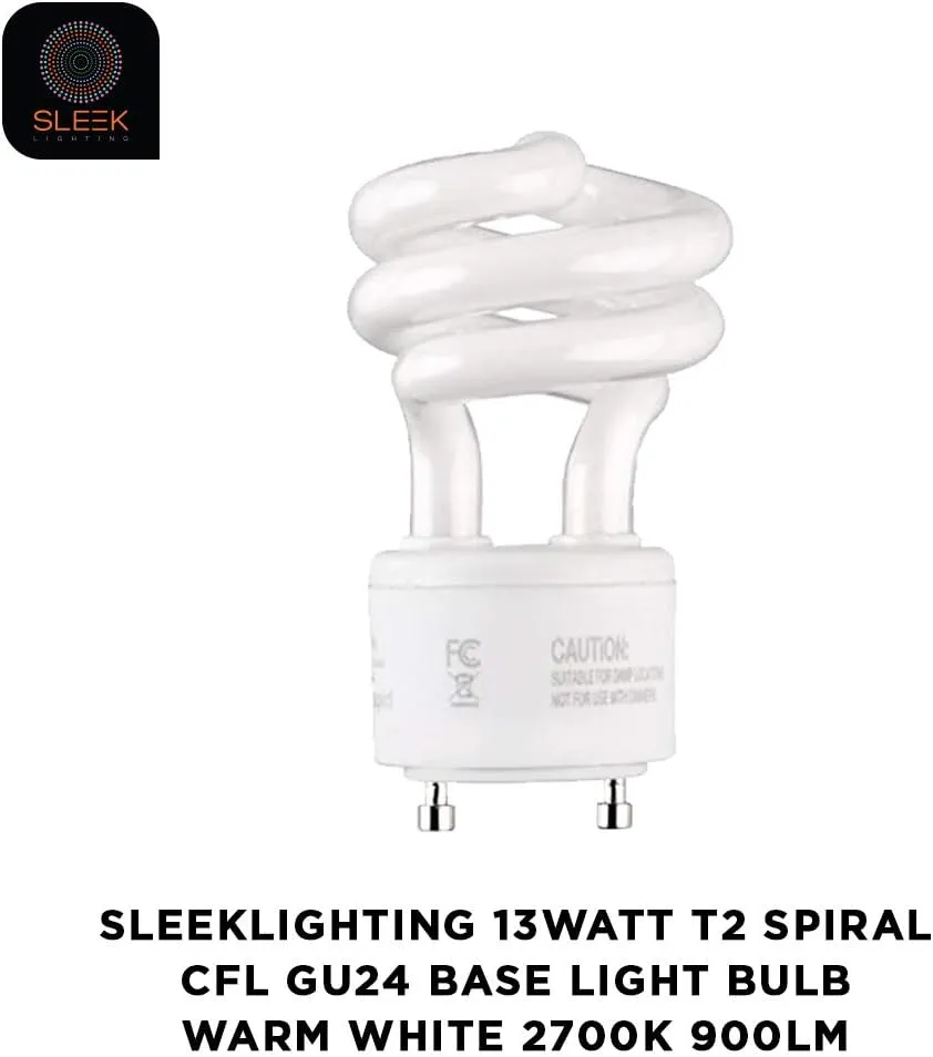 SLEEKLIGHTING 13Watt T2 Spiral CFL GU24 2 Prong Light Bulb Base 2700K 900lm -UL Approved 120v 60Hz Light Bulb- Mini Twist Lock Spiral -Self Ballasted Compact Fluorescent -Warm White Light 4pack
