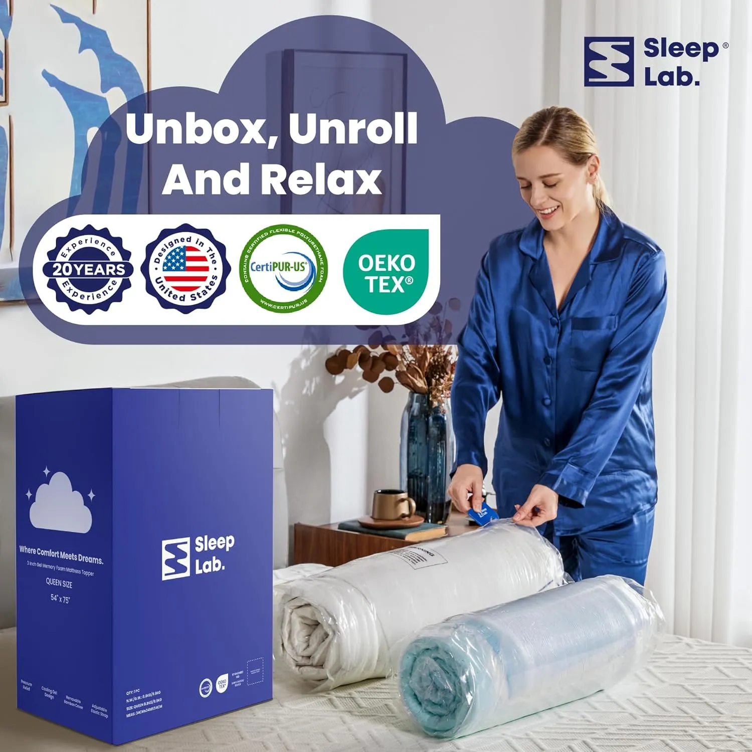Sleep Lab 4 Inch Memory Foam Mattress Topper - Queen Size - Cooling Gel Memory Foam, Medium Support   Pillow Top