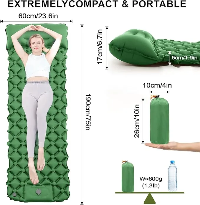 Sleeping Pad for Camping - Inflatable Camping Mat, Ultralight Airpad, Built-in Foot Pump Backpacking Sleeping Pad,Compact Sleeping Mat for Camping、Hiking、Traveling (Army Green)