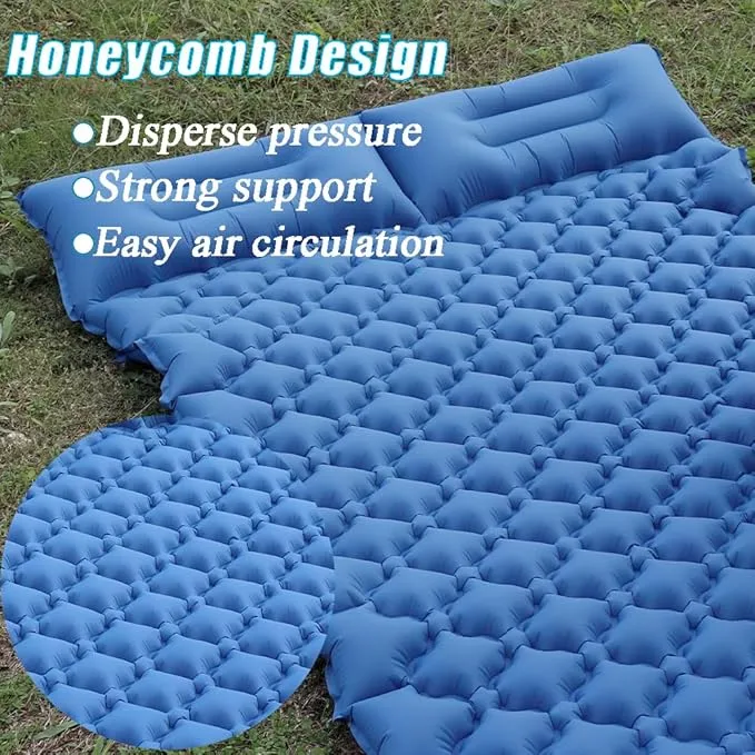 Sleeping Pad for Camping, Inflatable Sleeping Mat with Pillow, Camping Pad with Built-in Foot Pump, Lightweight Camping Mattress Pad for Car Camping, Backpacking, Tent and Hiking (Full (Navy))