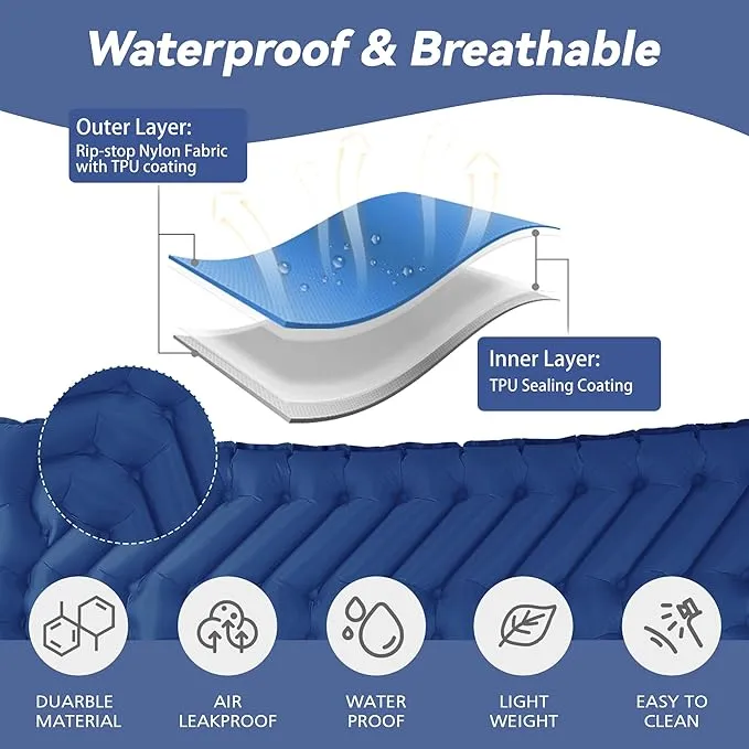 Sleeping Pad for Camping - Ultralight Camping Mattress with Pillow, Built-in Foot Pump, Compact Self-Inflatable Portable Camping Mat for Backpacking, Hiking, Car Traveling, Beach, Tent