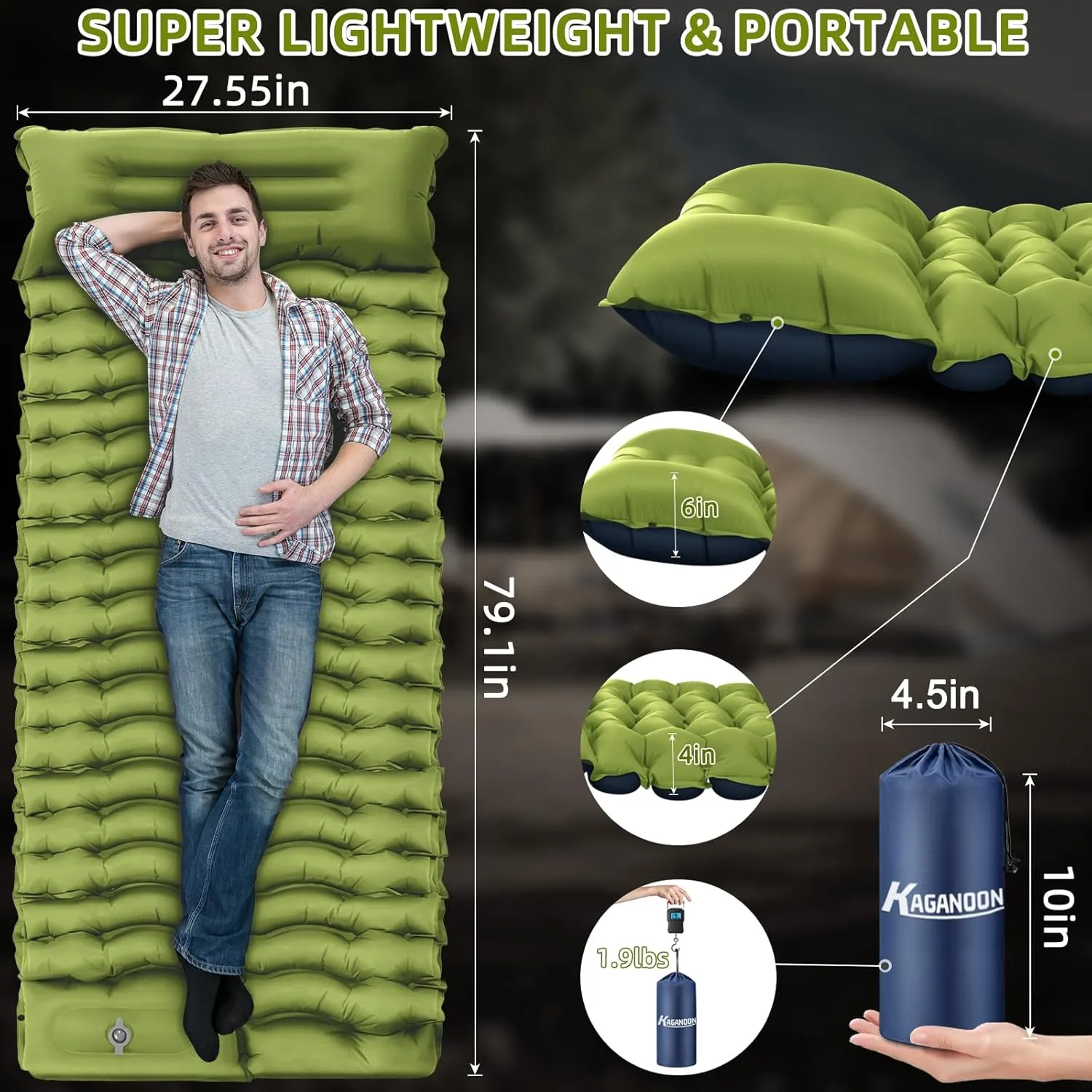 Sleeping Pad for Camping, Ultralight Inflatable Camping Mat with Pillow Built-in Foot Pump Sleeping Pads, Compact & Lightweight Camp Air Mattress for Backpacking, Hiking