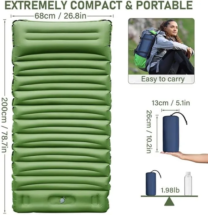 Sleeping Pad for Camping, Ultralight Inflatable Sleeping Mat with Built-in Foot Pump & Pillow, Compact Camping Air Mattress for Backpacking, Hiking, Traveling, Tent