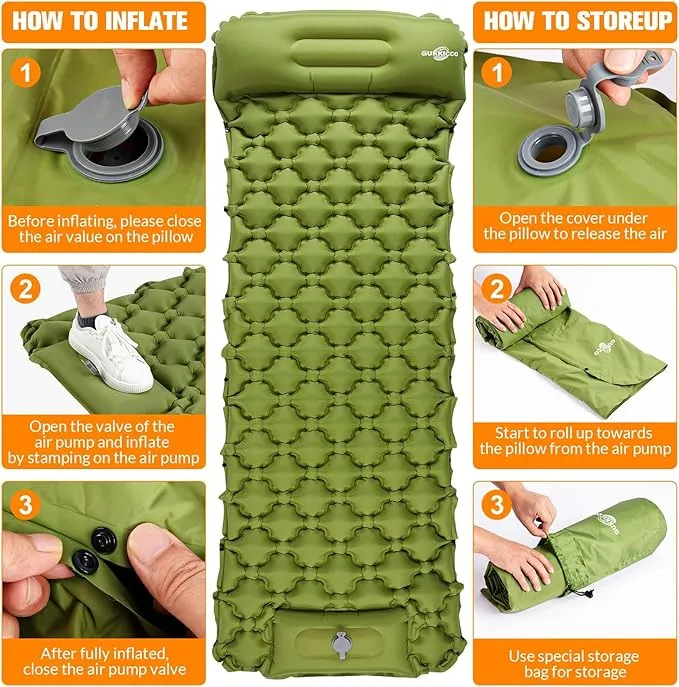 Sleeping Pad Ultralight Inflatable Sleeping Pad for Camping, 80''X25'', Built-in Pump, Ultimate for Camping, Hiking - Airpad, Carry Bag, Repair Kit - Compact & Lightweight Air Mattress (Green)