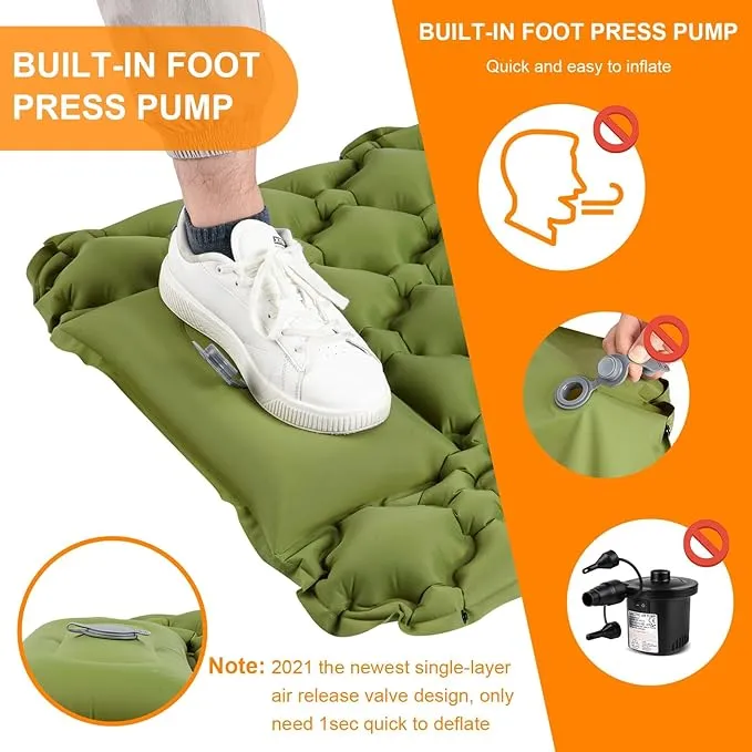 Sleeping Pad Ultralight Inflatable Sleeping Pad for Camping, 80''X25'', Built-in Pump, Ultimate for Camping, Hiking - Airpad, Carry Bag, Repair Kit - Compact & Lightweight Air Mattress (Green)