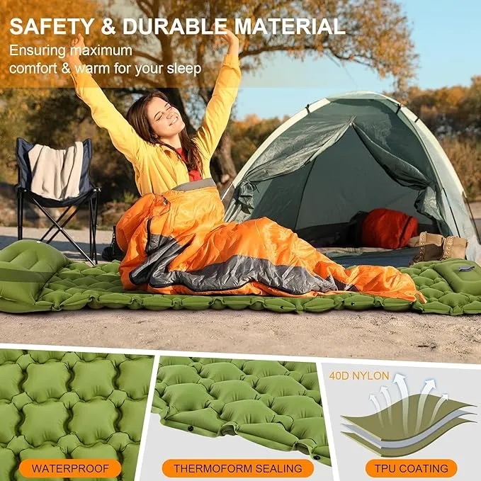Sleeping Pad Ultralight Inflatable Sleeping Pad for Camping, 80''X25'', Built-in Pump, Ultimate for Camping, Hiking - Airpad, Carry Bag, Repair Kit - Compact & Lightweight Air Mattress (Green)