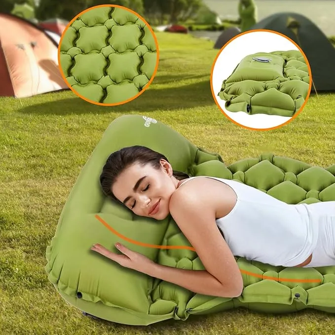Sleeping Pad Ultralight Inflatable Sleeping Pad for Camping, 80''X25'', Built-in Pump, Ultimate for Camping, Hiking - Airpad, Carry Bag, Repair Kit - Compact & Lightweight Air Mattress (Green)
