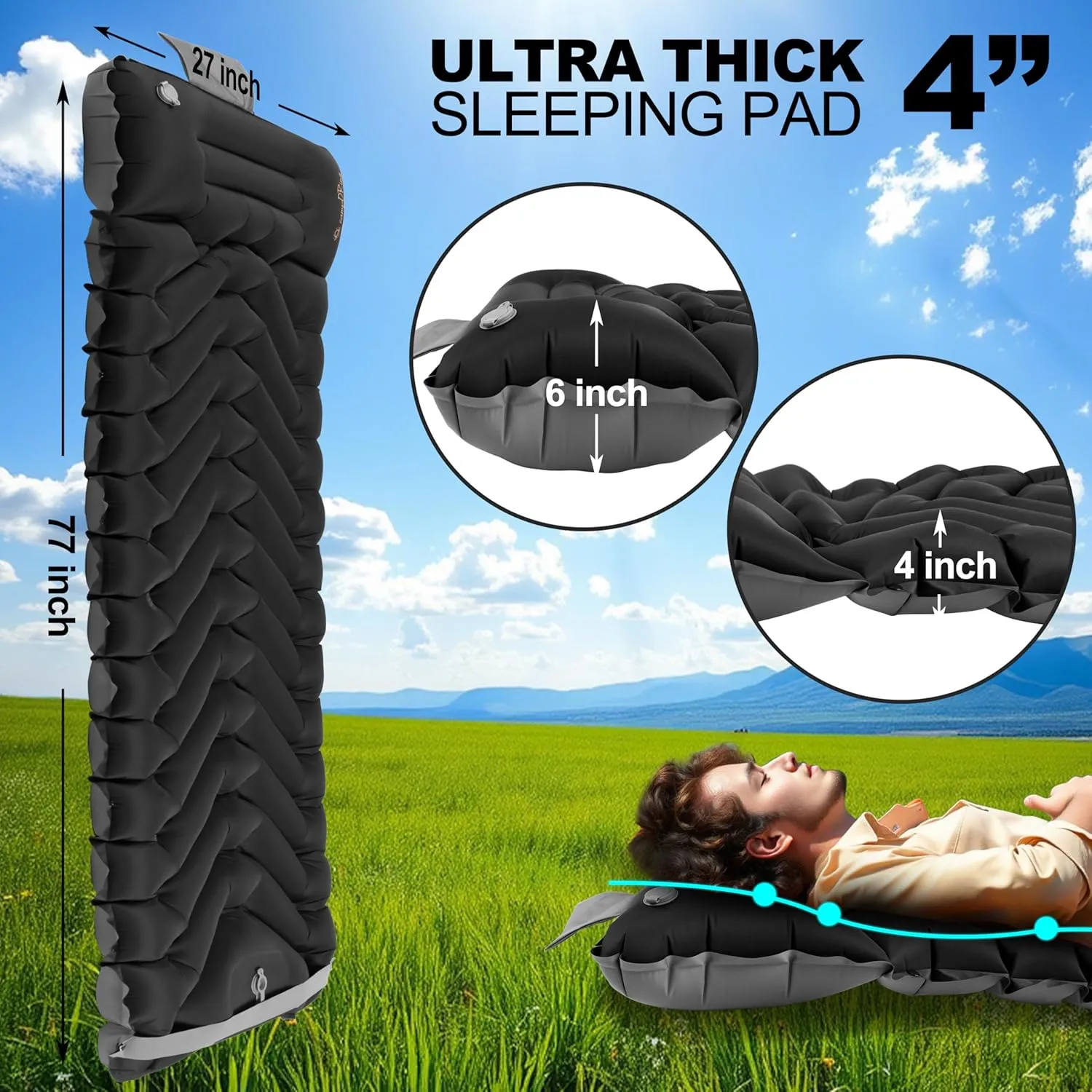 Sleeping Pad with Pillow, Self Inflating Extra-Thick, Ultralight Sleeping Mat, Built-in Pump, Ultimate for Camping, Hiking, Traveling, Airpad, Carry Bag, Compact & Lightweight Air Mattress (Black)